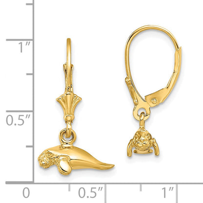 14K Gelbgold 3-d Poliert Mini Manatee Ohrhänger mit Brisur