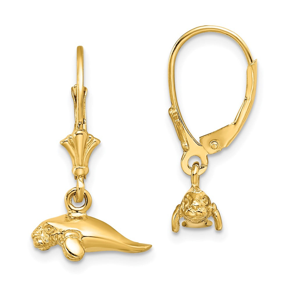 14K Gelbgold 3-d Poliert Mini Manatee Ohrhänger mit Brisur