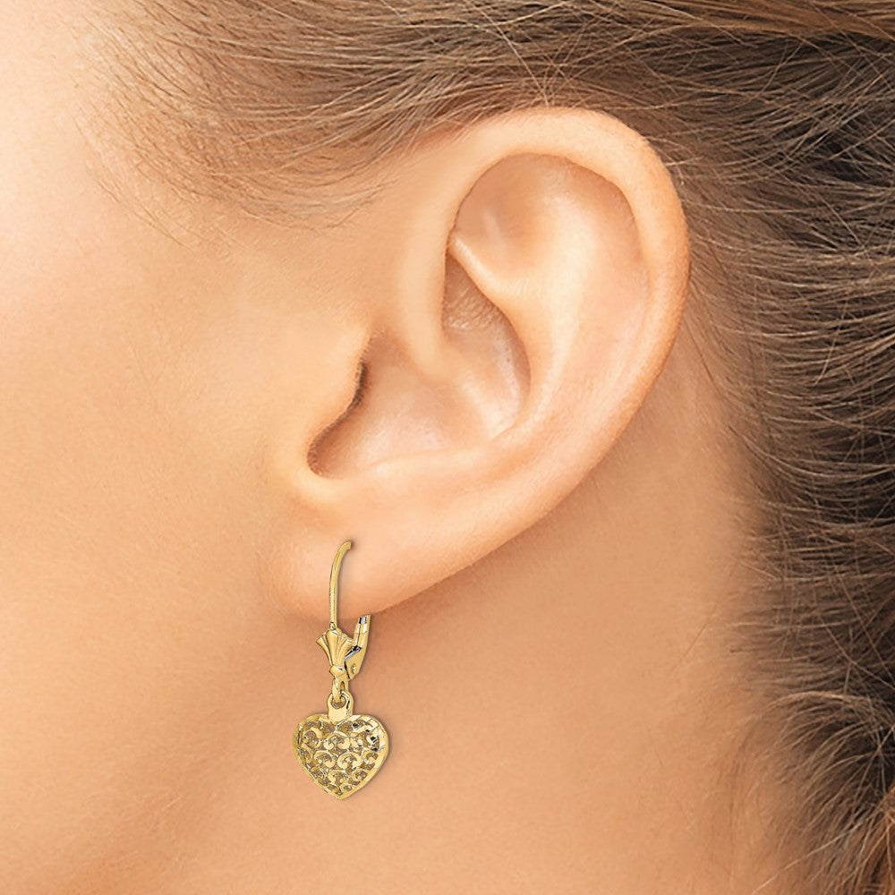14K Gelbgold Diamantiert Mini Gewölbt Herz Ohrhänger mit Brisur