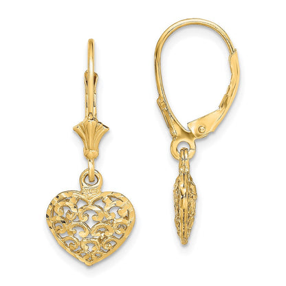 14K Gelbgold Diamantiert Mini Gewölbt Herz Ohrhänger mit Brisur