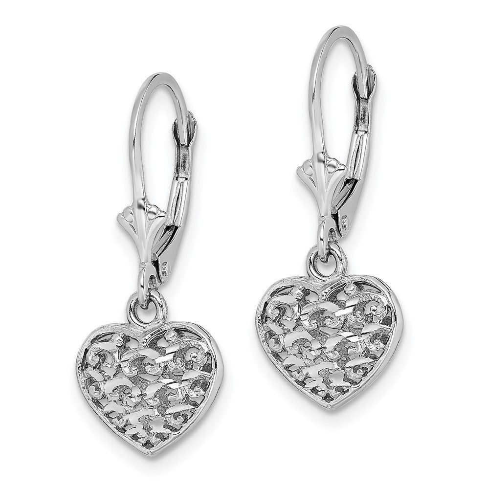 14K Weißgold 3-d Mini Diamantiert Gewölbt Herz Ohrhänger mit Brisur