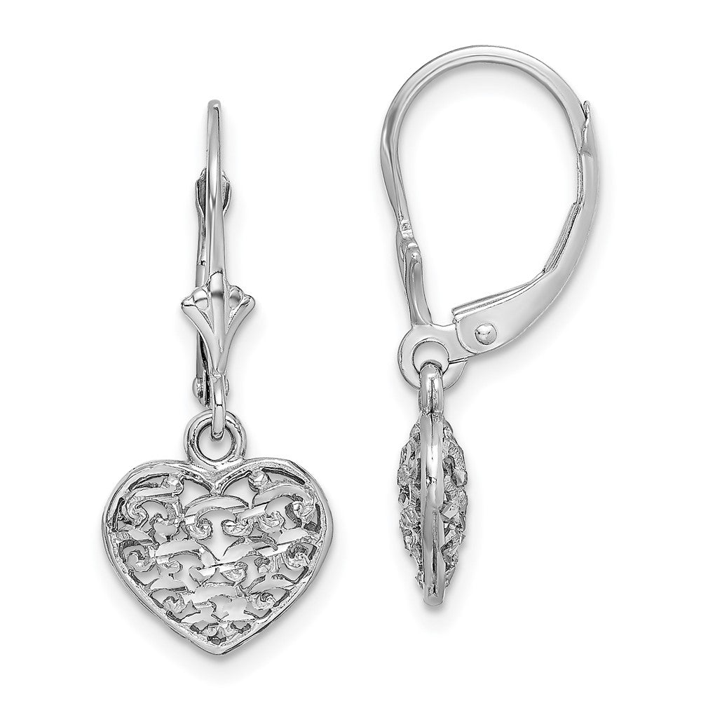 14K Weißgold 3-d Mini Diamantiert Gewölbt Herz Ohrhänger mit Brisur