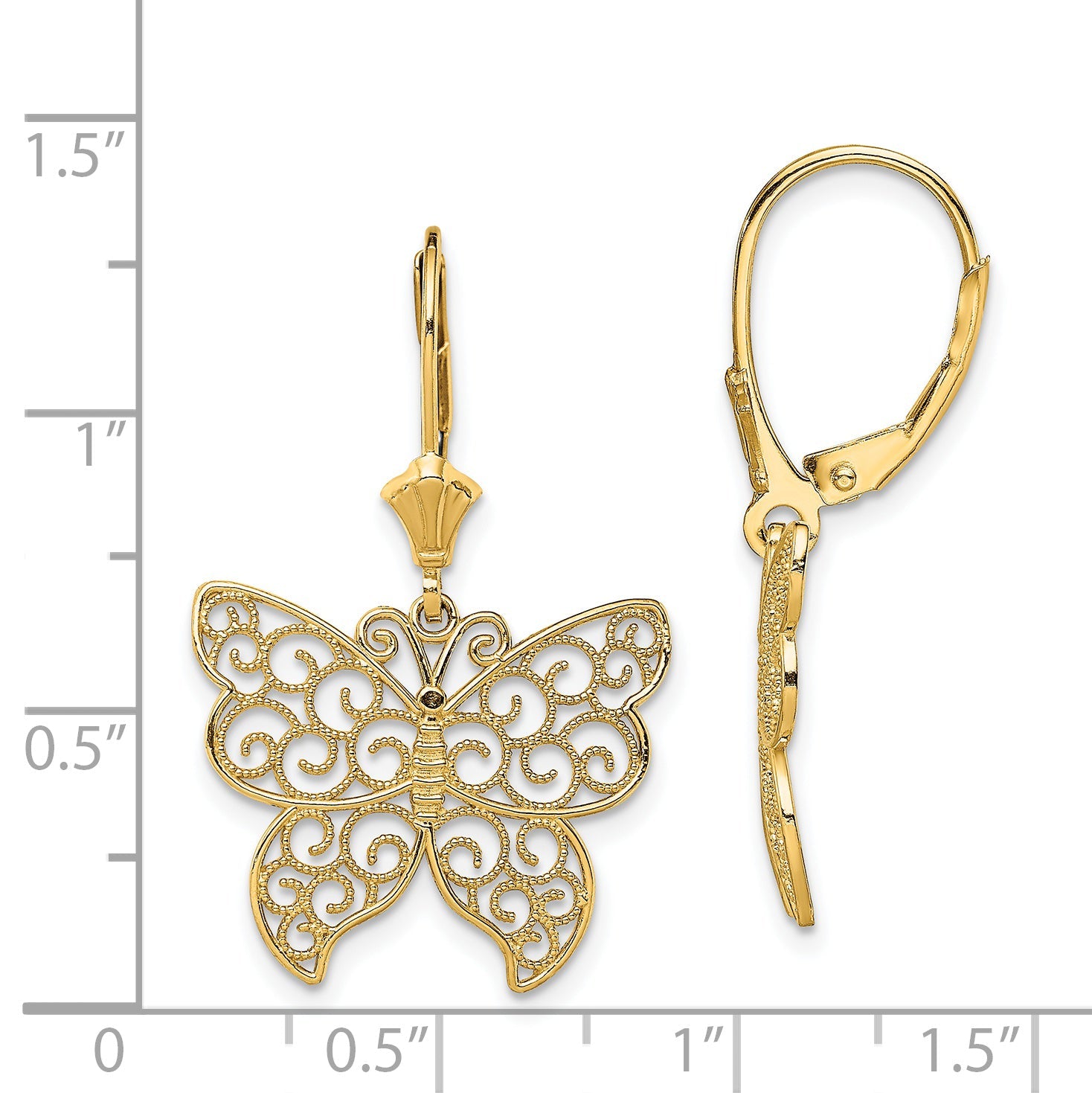 14K Gelbgold Schmetterling mit Gekugelt Filigran Flügel Ohrhänger mit Brisur