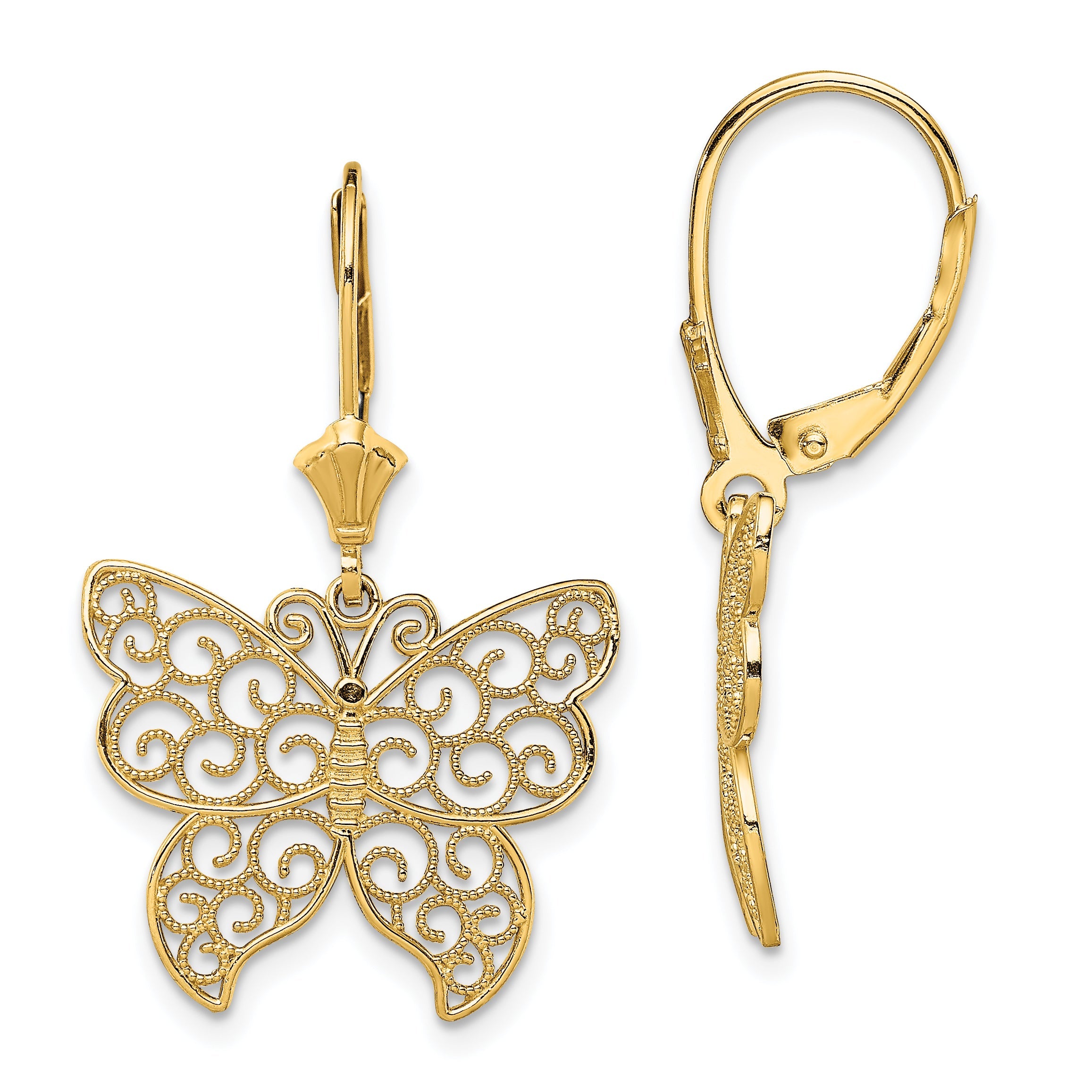 14K Gelbgold Schmetterling mit Gekugelt Filigran Flügel Ohrhänger mit Brisur