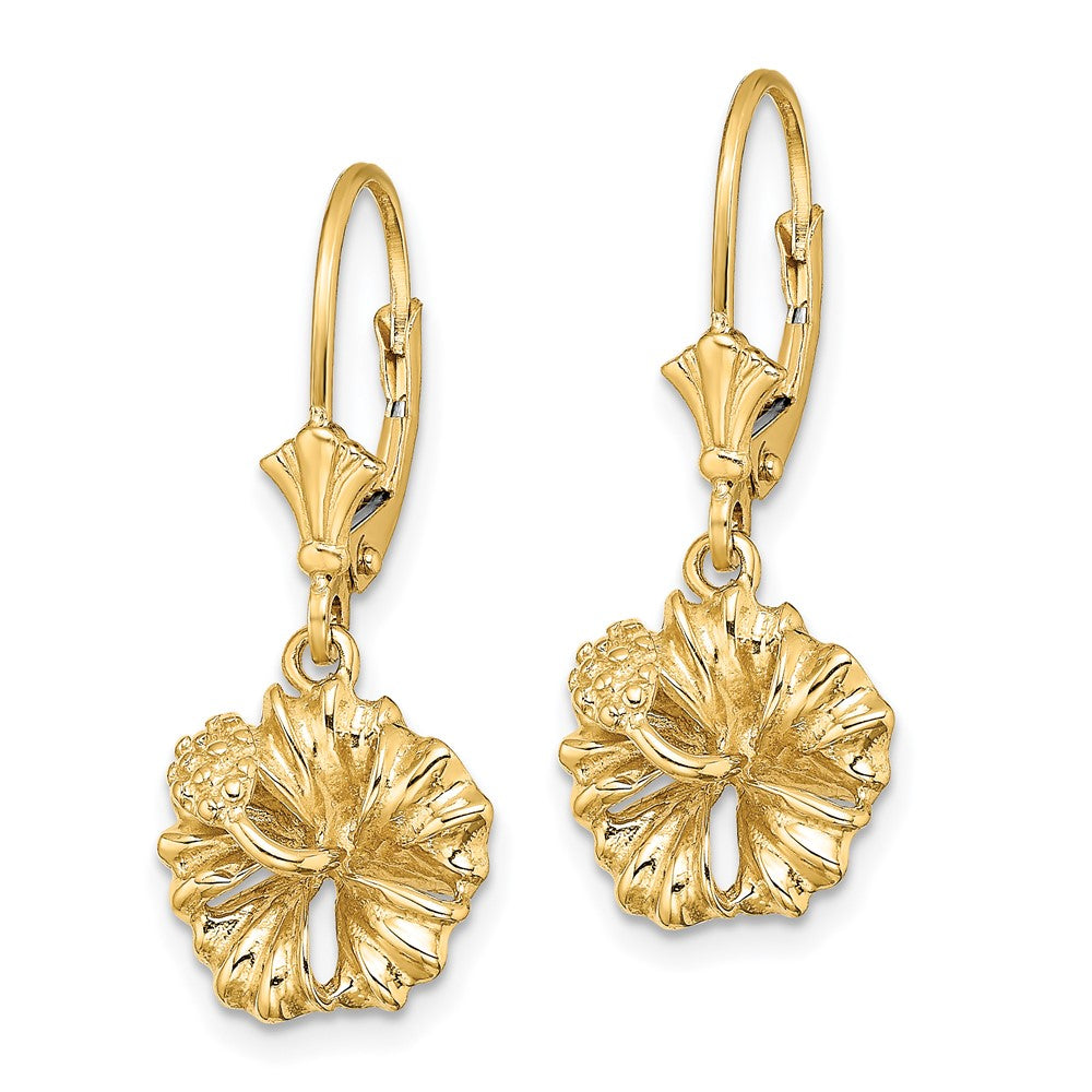 14K Gelbgold 2-d Strukturiert Hibiscus Blume Ohrhänger mit Brisur