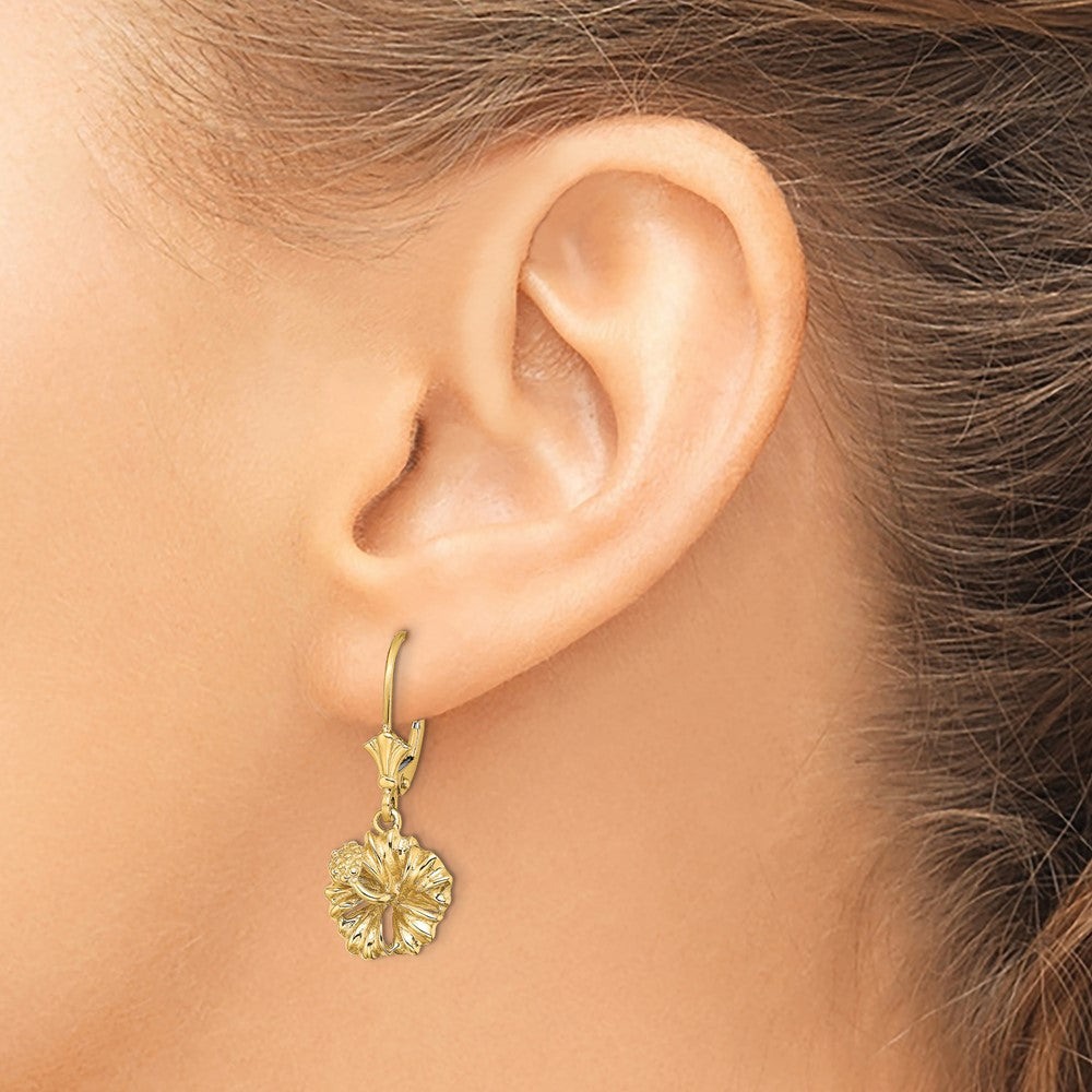14K Gelbgold 2-d Strukturiert Hibiscus Blume Ohrhänger mit Brisur