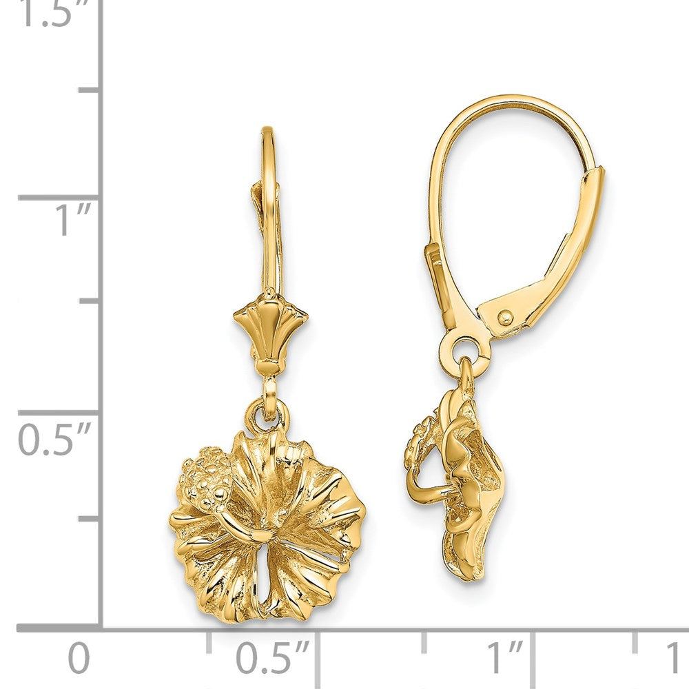 14K Gelbgold 2-d Strukturiert Hibiscus Blume Ohrhänger mit Brisur
