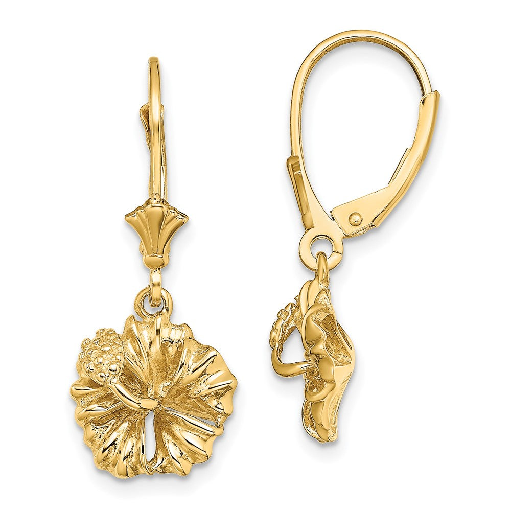 14K Gelbgold 2-d Strukturiert Hibiscus Blume Ohrhänger mit Brisur