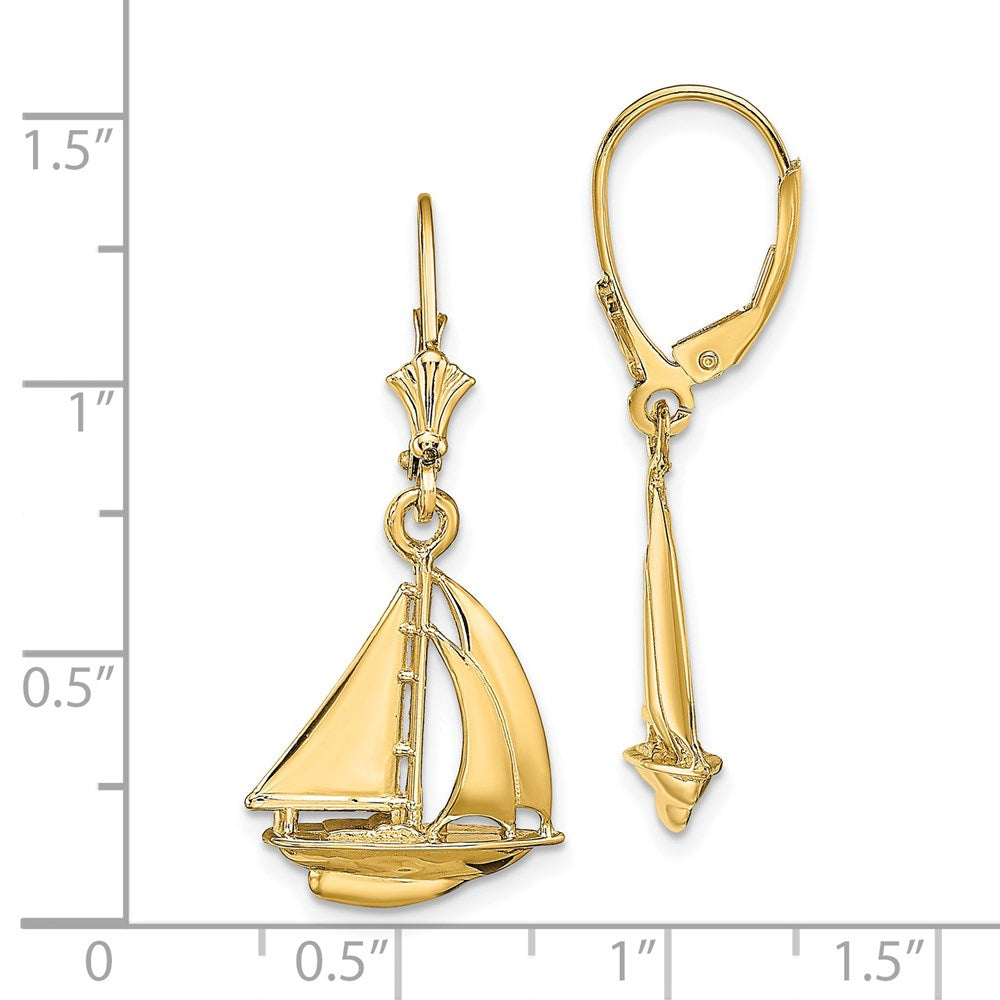 14K Gelbgold 3d Poliert Segelboot Ohrhänger mit Brisur