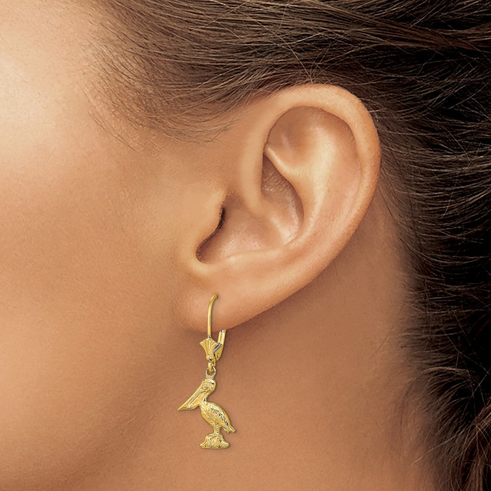 14K Gelbgold 3-d Pelican Standing Ohrhänger mit Brisur