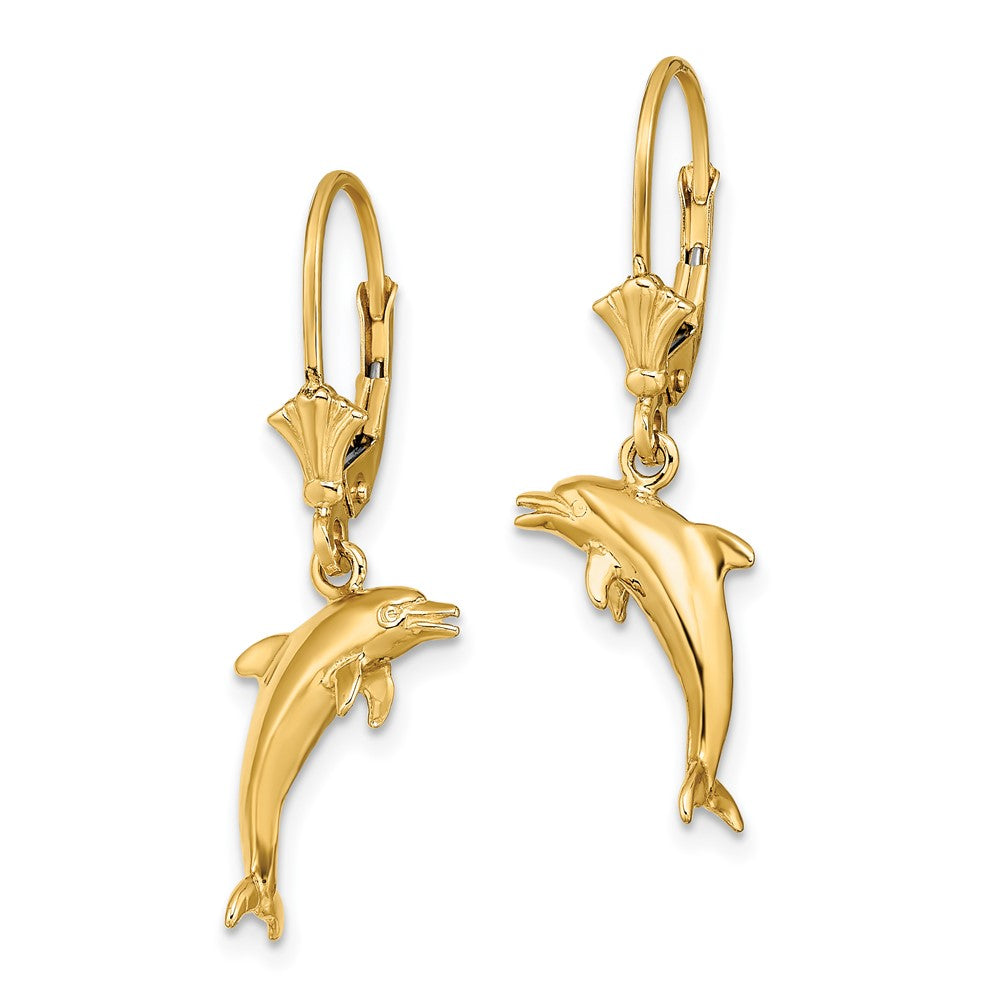 14K Gelbgold 3-d Mini Delfin Springend Ohrhänger mit Brisur