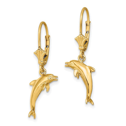 14K Gelbgold 3-d Mini Delfin Springend Ohrhänger mit Brisur