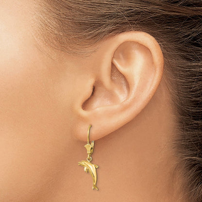 14K Gelbgold 3-d Mini Delfin Springend Ohrhänger mit Brisur
