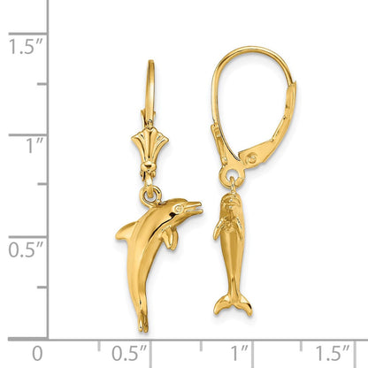 14K Gelbgold 3-d Mini Delfin Springend Ohrhänger mit Brisur