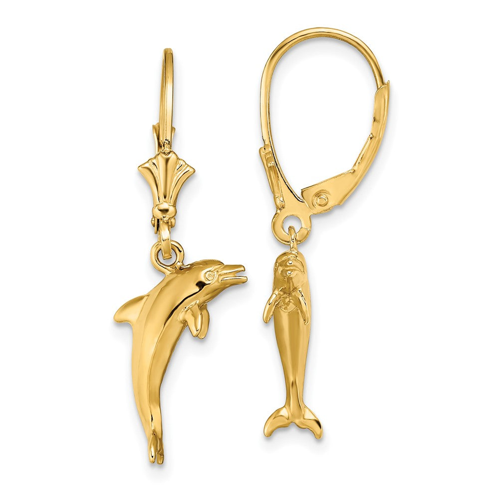 14K Gelbgold 3-d Mini Delfin Springend Ohrhänger mit Brisur
