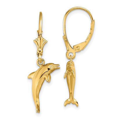 14K Gelbgold 3-d Mini Delfin Springend Ohrhänger mit Brisur