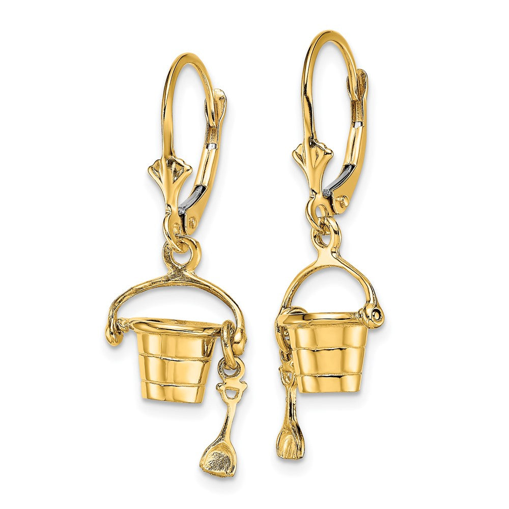 14K Gelbgold 3-d Beach Bucket mit Shovel Ohrhänger mit Brisur