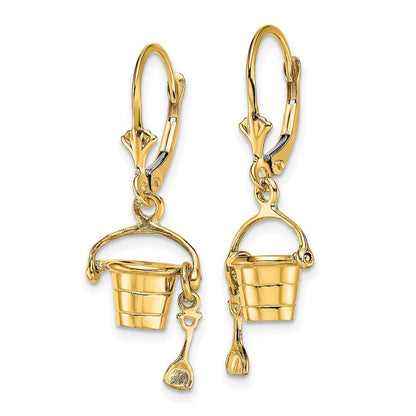 14K Gelbgold 3-d Beach Bucket mit Shovel Ohrhänger mit Brisur