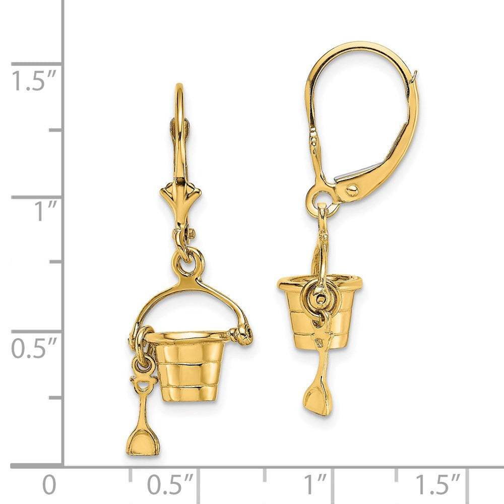 14K Gelbgold 3-d Beach Bucket mit Shovel Ohrhänger mit Brisur
