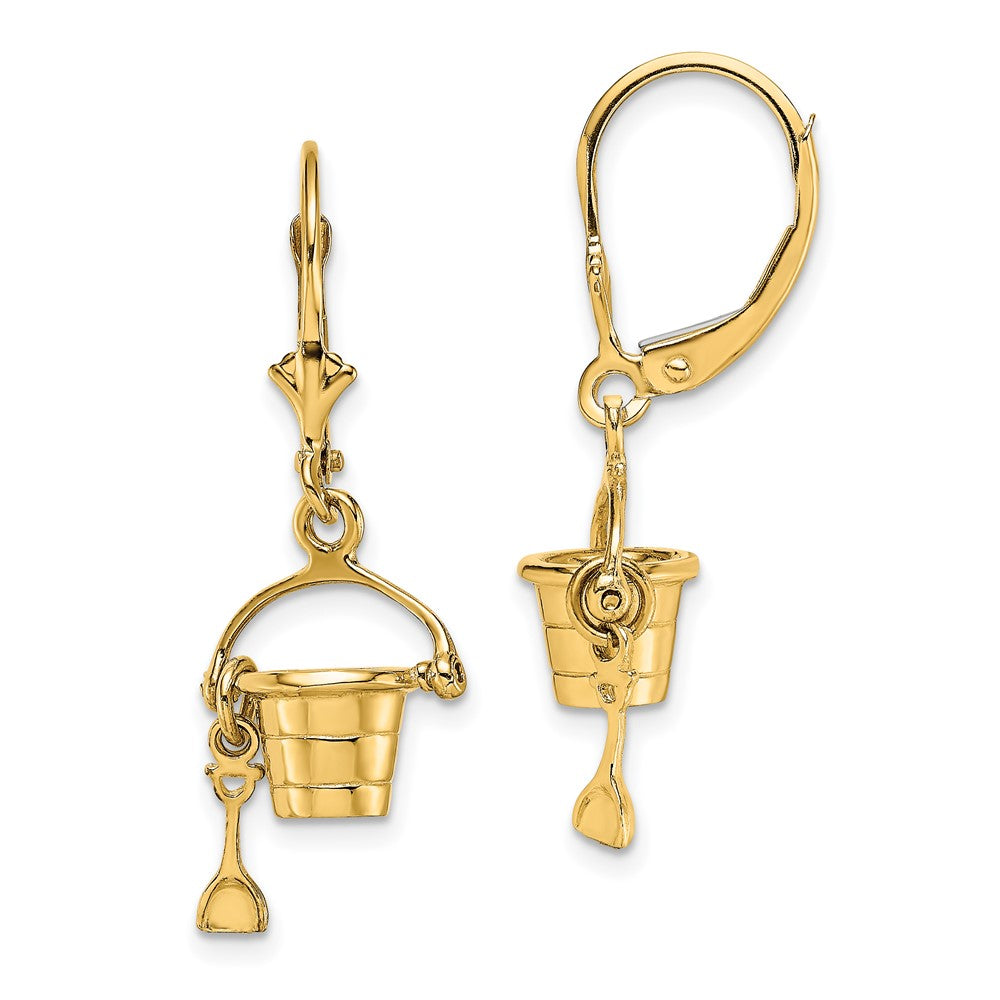 14K Gelbgold 3-d Beach Bucket mit Shovel Ohrhänger mit Brisur