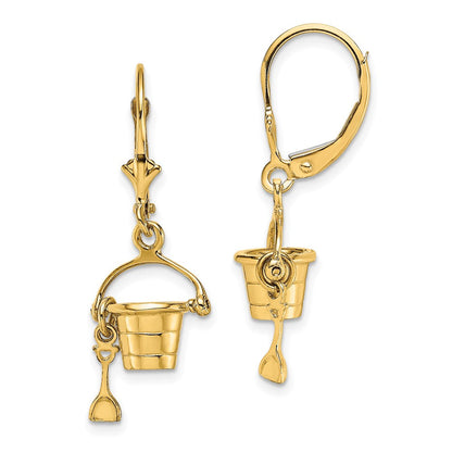 14K Gelbgold 3-d Beach Bucket mit Shovel Ohrhänger mit Brisur