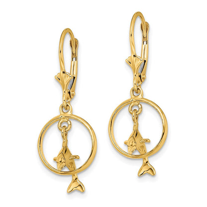 14K Gelbgold 3-d Delfin Springend Through Creole Ohrhänger mit Brisur