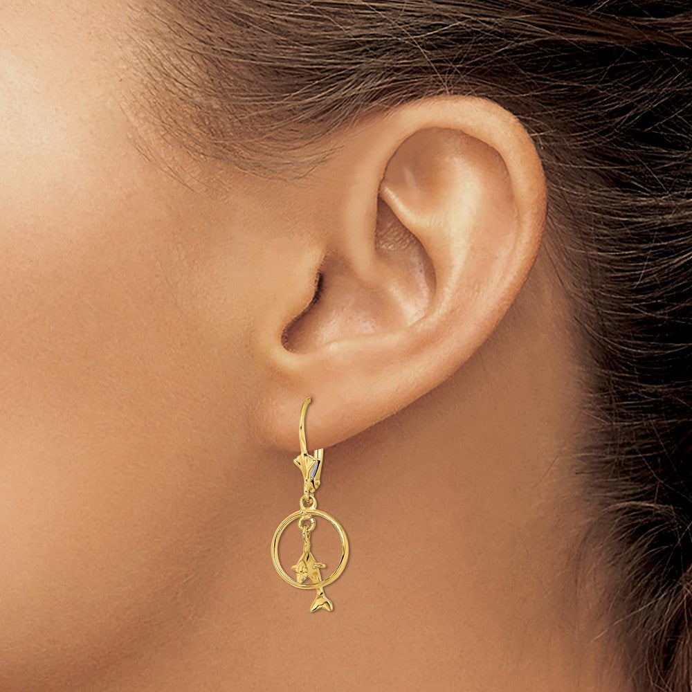 14K Gelbgold 3-d Delfin Springend Through Creole Ohrhänger mit Brisur