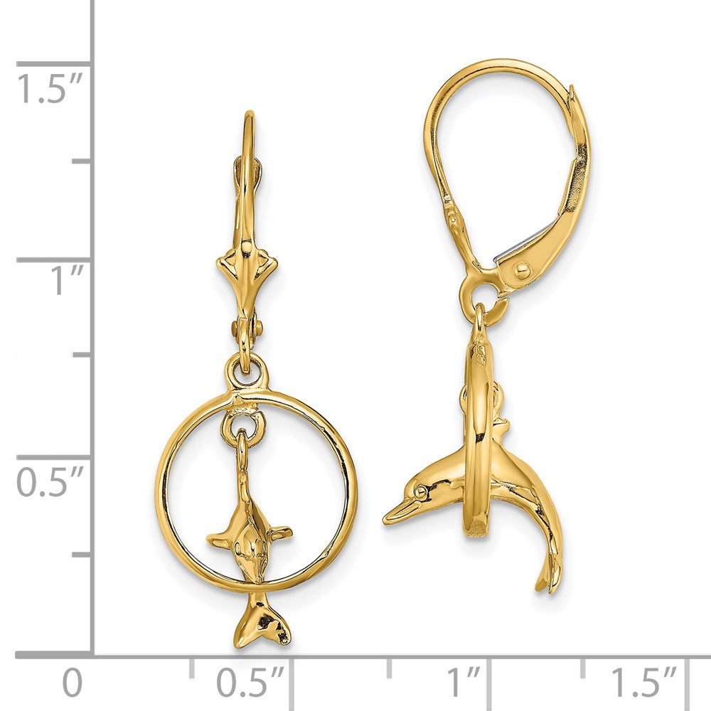 14K Gelbgold 3-d Delfin Springend Through Creole Ohrhänger mit Brisur