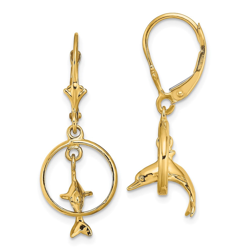 14K Gelbgold 3-d Delfin Springend Through Creole Ohrhänger mit Brisur
