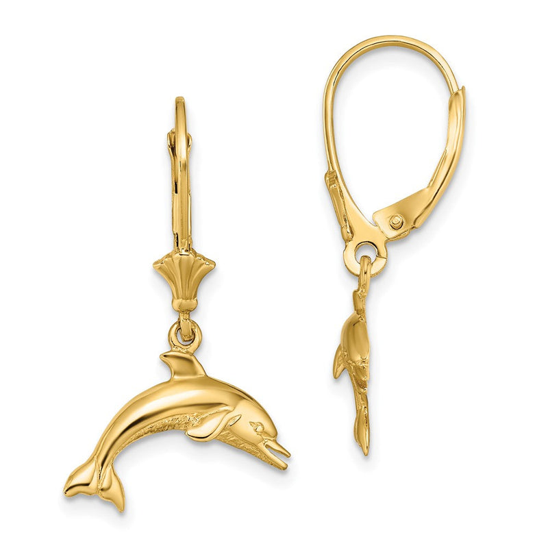 Ohrringe mit springendem Delfin, Leverback-Verschluss, 14K Gelbgold