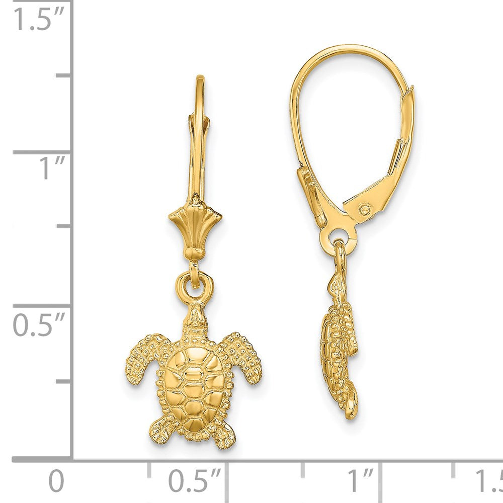 14K Gelbgold 3-d Poliert Mini Meer Schildkröte Ohrhänger mit Brisur
