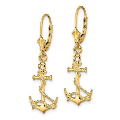 14K Gelbgold 3-d Anker mit Shackle und Entwined Kordel Ohrhänger mit Brisur