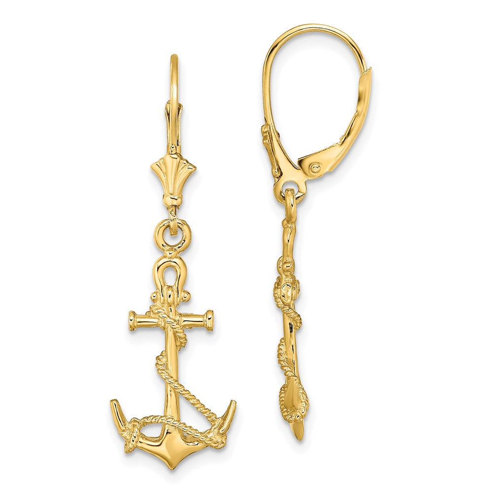 14K Gelbgold 3-d Anker mit Shackle und Entwined Kordel Ohrhänger mit Brisur