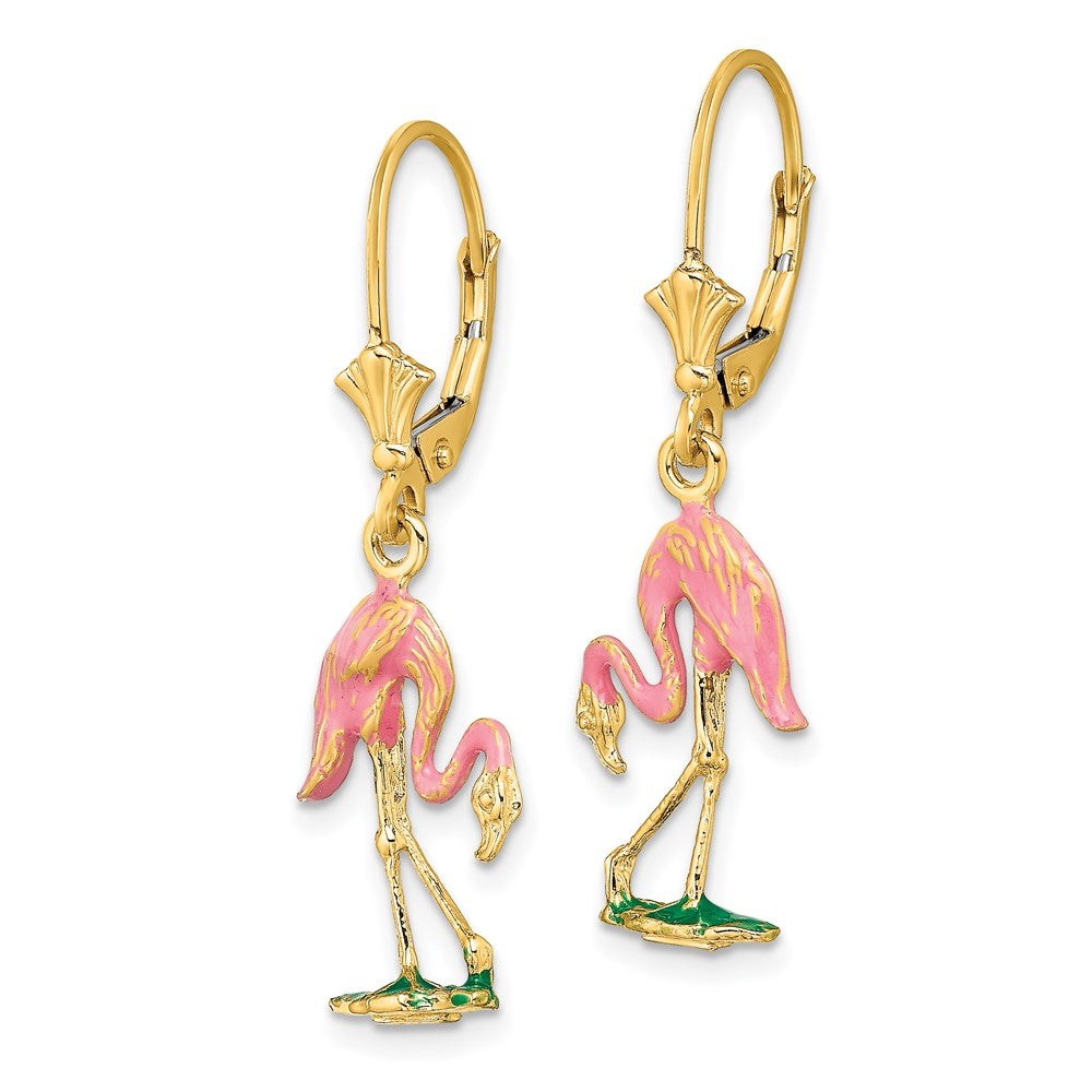 14K Gelbgold mit Emaille 3-d Flamingo Ohrhänger mit Brisur