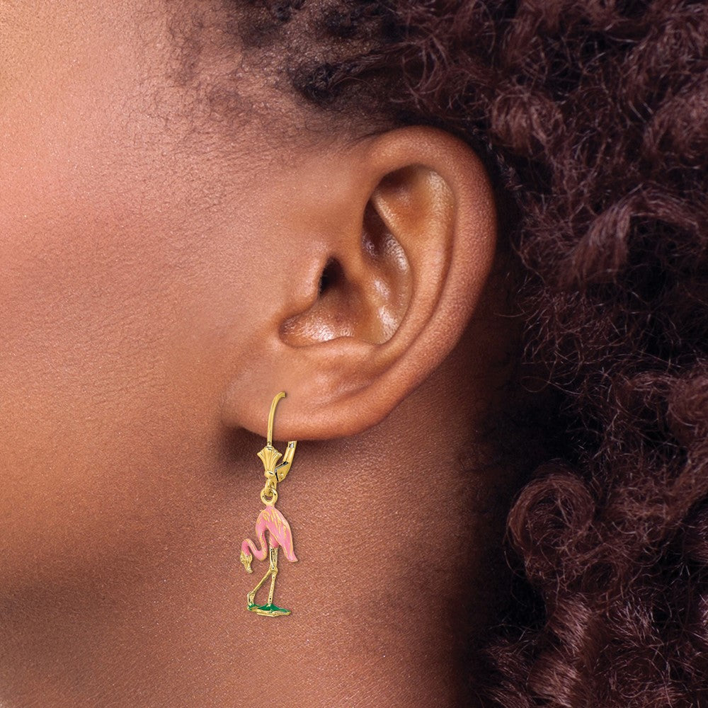 14K Gelbgold mit Emaille 3-d Flamingo Ohrhänger mit Brisur