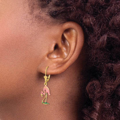 14K Gelbgold mit Emaille 3-d Flamingo Ohrhänger mit Brisur
