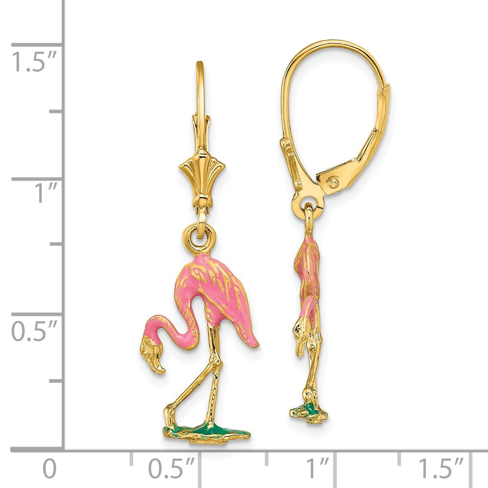 14K Gelbgold mit Emaille 3-d Flamingo Ohrhänger mit Brisur