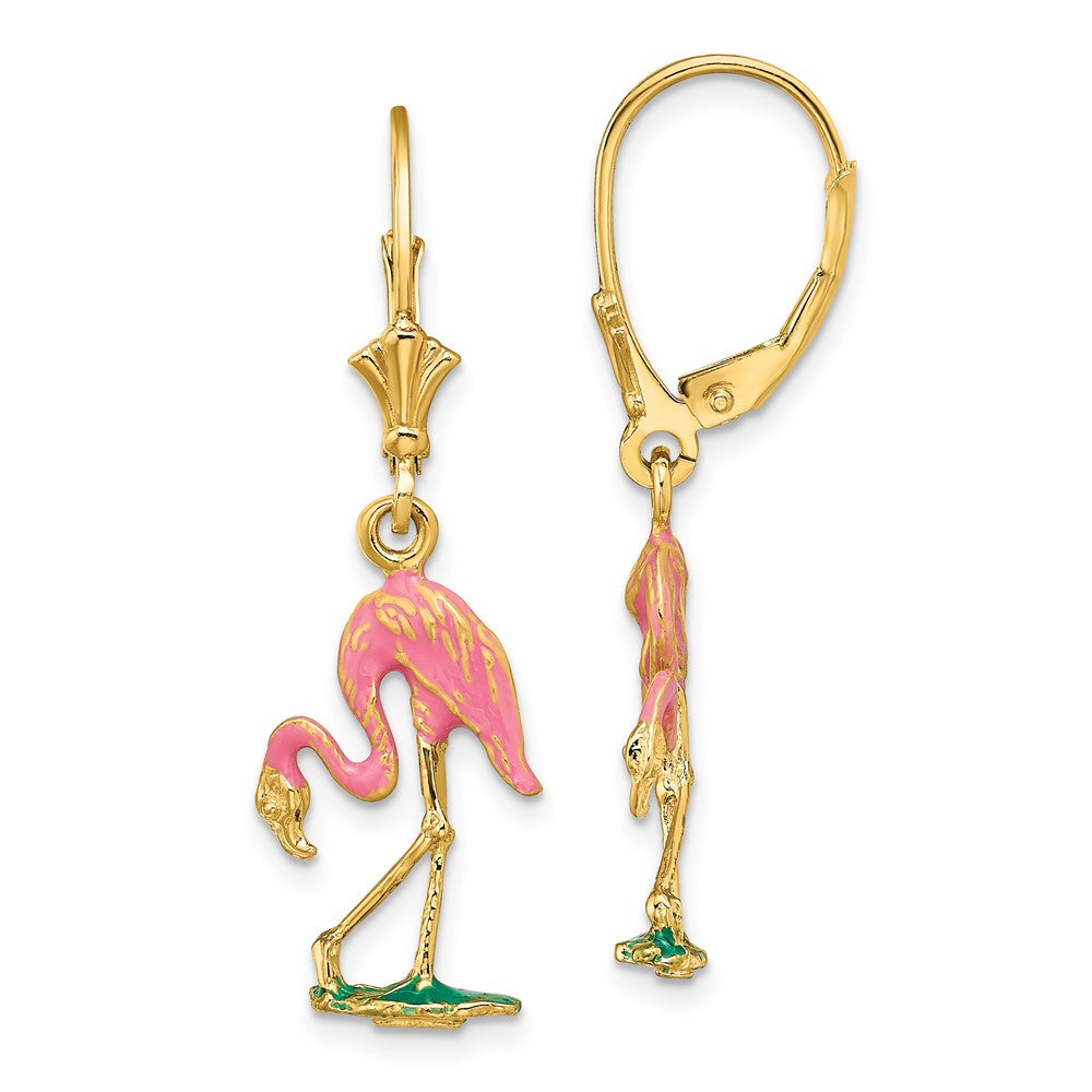 14K Gelbgold mit Emaille 3-d Flamingo Ohrhänger mit Brisur