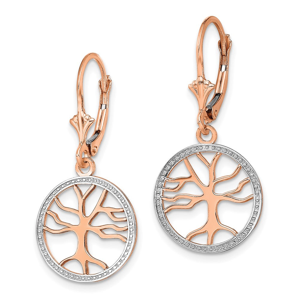 14K Gelb & Rhodium Baum Of Leben mit Rhodiniert Rund Rahmen Ohrhänger mit Brisur