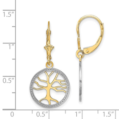 14K Gelb & Rhodium Baum Of Leben mit Rhodiniert Rund Rahmen Ohrhänger mit Brisur