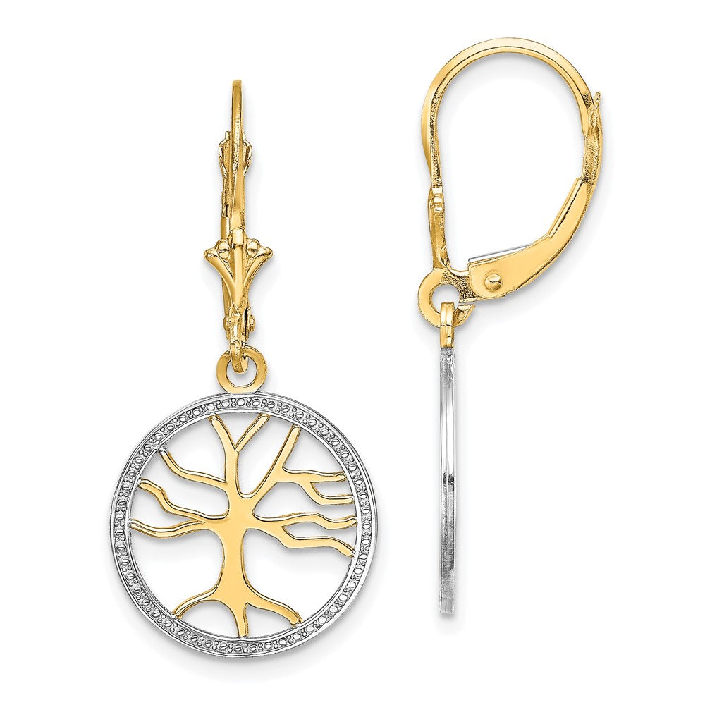 14K Gelb & Rhodium Baum Of Leben mit Rhodiniert Rund Rahmen Ohrhänger mit Brisur