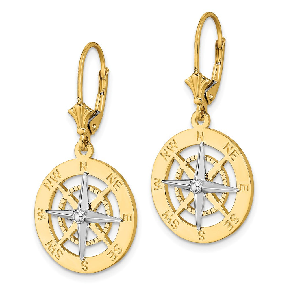 14K Bicolor mit Rhodium Nautical Kompass Ohrhänger mit Brisur