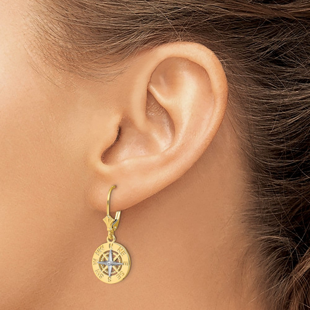 14K Bicolor mit Rhodium Mini Nautical Kompass Leveback Ohrringe