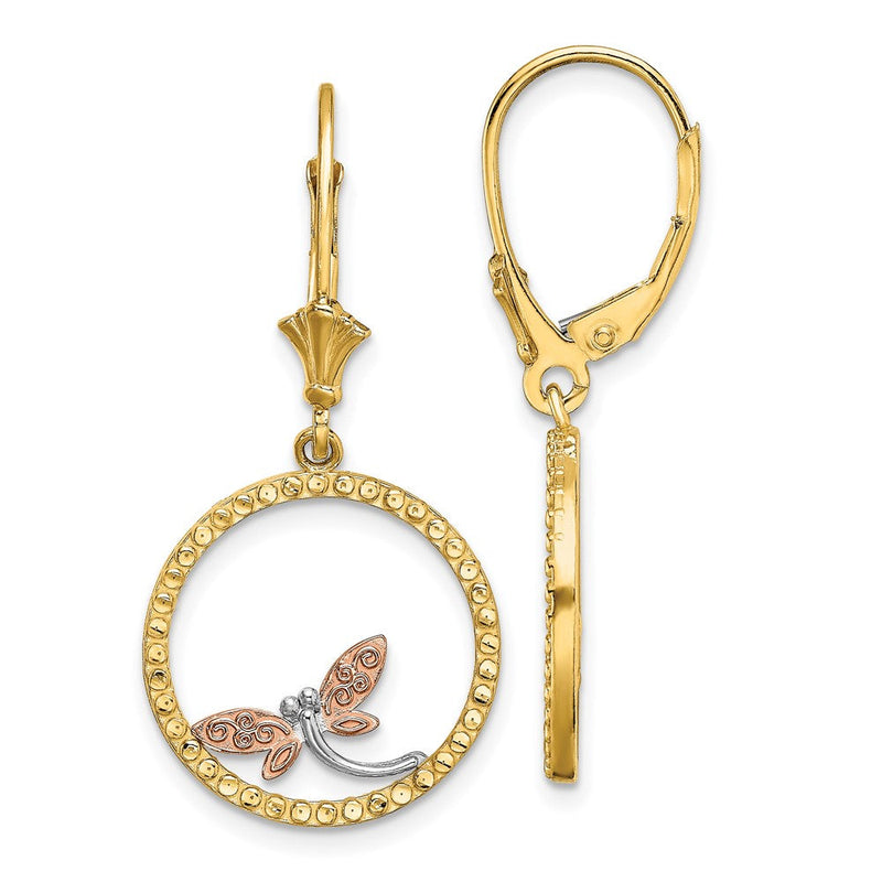 14K Bicolor Zwei-tonew/white Rhodium Diamantiert Libelle Ohrringe