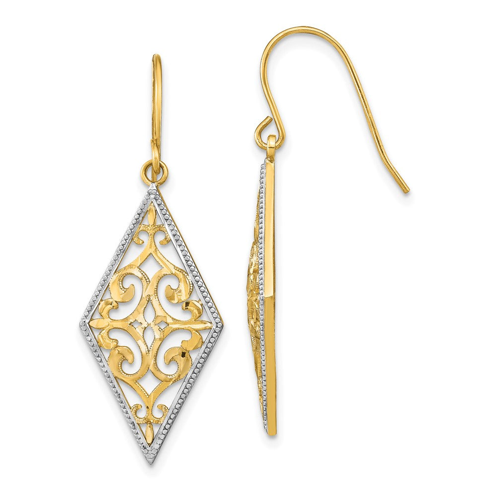 14K Gelb & Rhodium mit Rhodium Diamant Form Filigran Ohrhänger