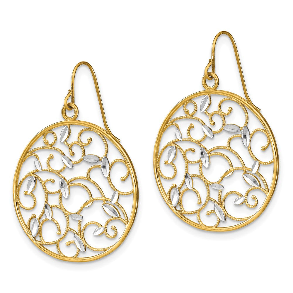 14K Gelb & Rhodium mit Rhodium Blumen Filigran Medallion Draht Ohrringe