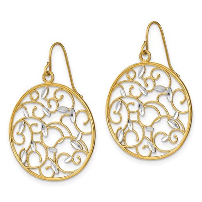 14K Gelb & Rhodium mit Rhodium Blumen Filigran Medallion Draht Ohrringe