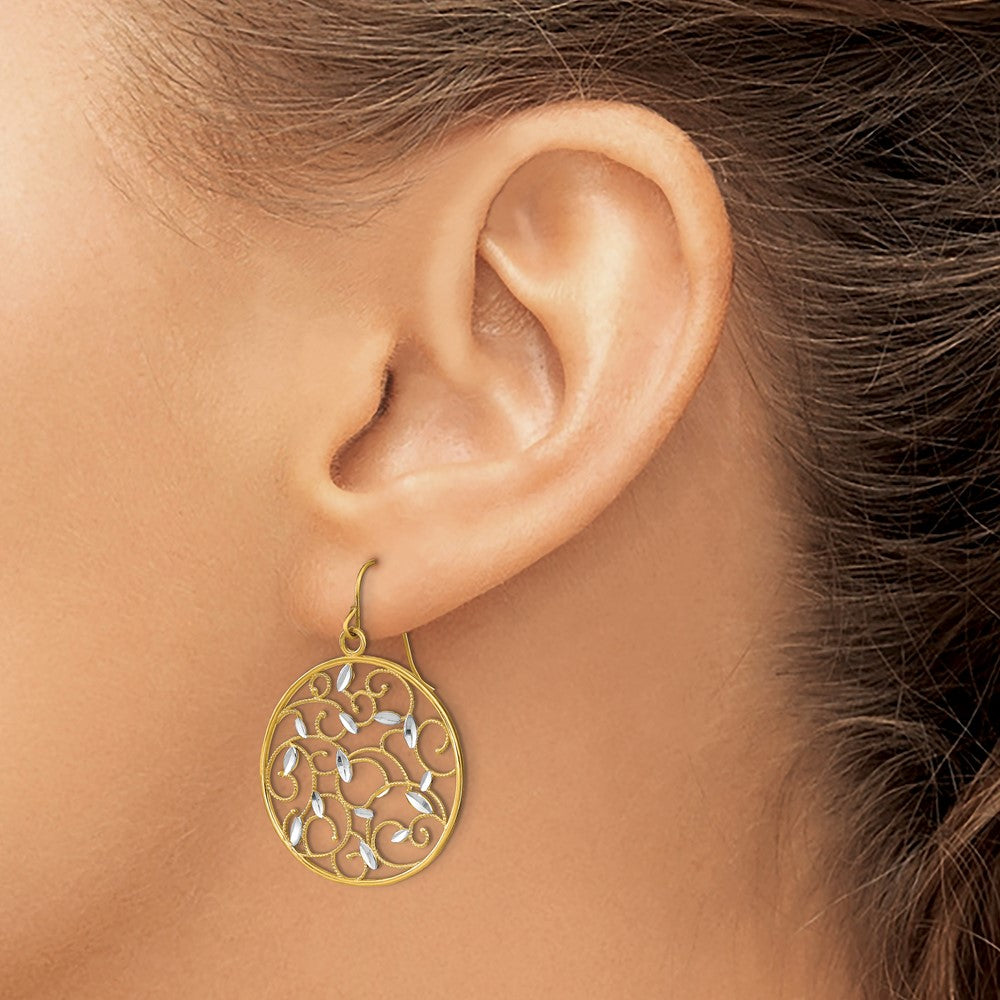 14K Gelb & Rhodium mit Rhodium Blumen Filigran Medallion Draht Ohrringe
