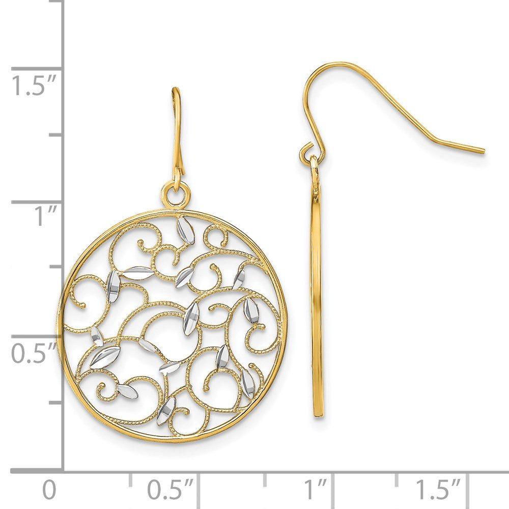 14K Gelb & Rhodium mit Rhodium Blumen Filigran Medallion Draht Ohrringe