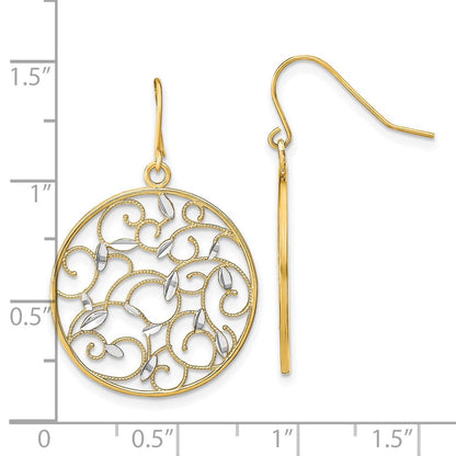 14K Gelb & Rhodium mit Rhodium Blumen Filigran Medallion Draht Ohrringe